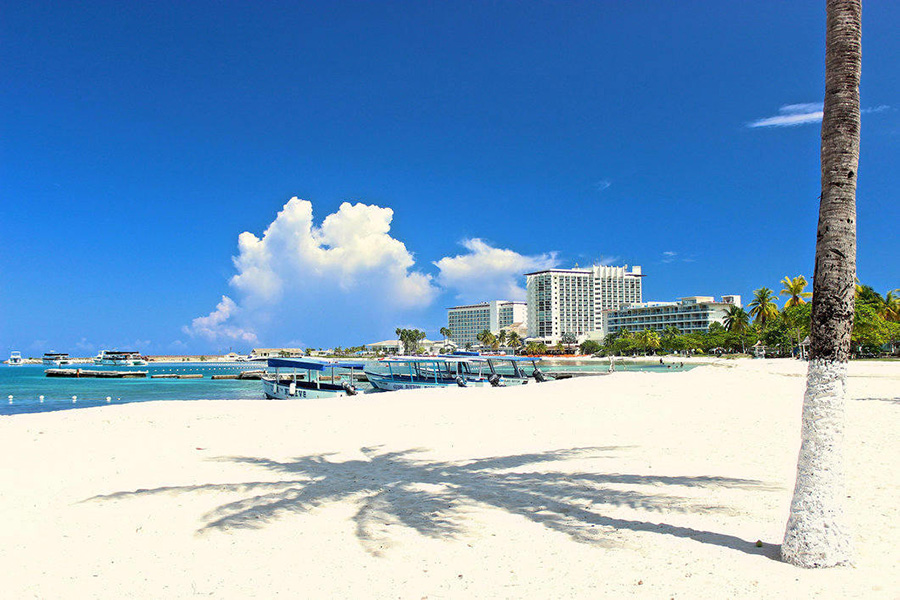 The white sands and blue skies of Ocho Rios, Jamaica.